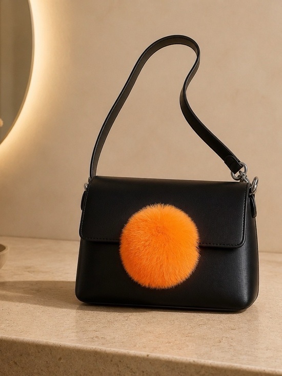 Handbags - O bag Black Flap Handbag with Orange Pom-Pom NWT